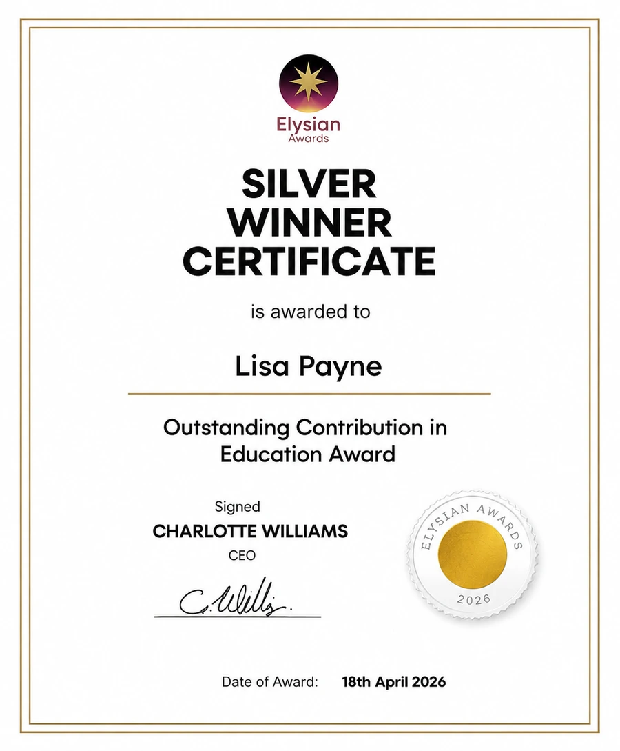 Elysian Silver Winner certificate for Outstanding Contribution in Education Award