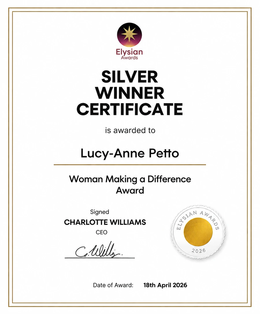 Elysian Silver Winner certificate for Woman Making a Difference Award