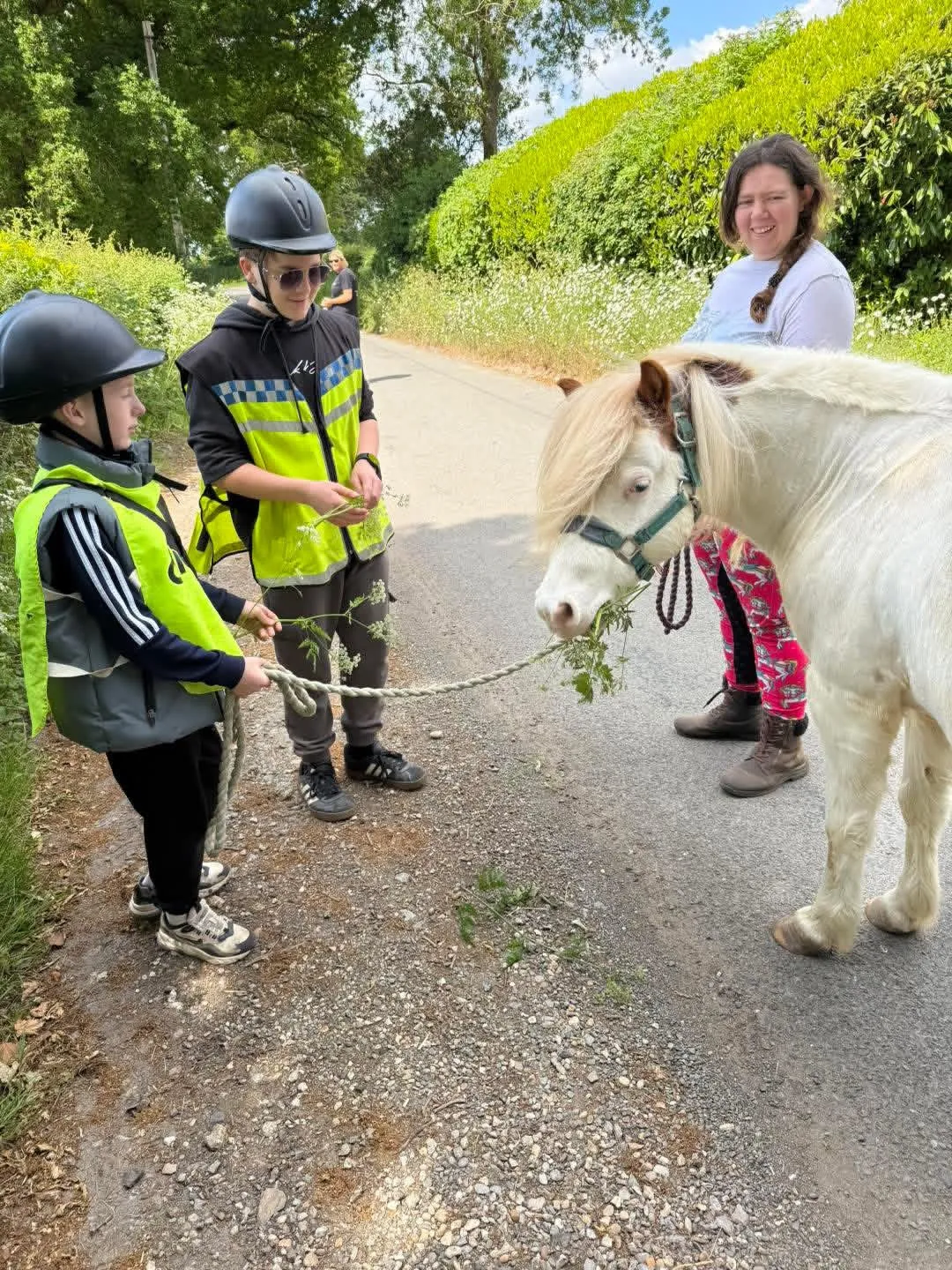 Young people taking part in outdoor equine learning with a pony